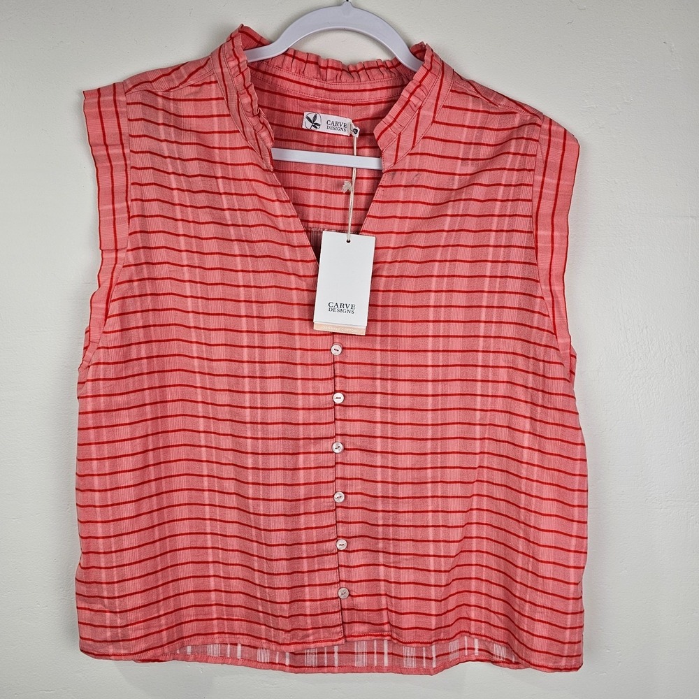 Carve Designs Coral and Red Striped Sleeveless Button-Front Top
